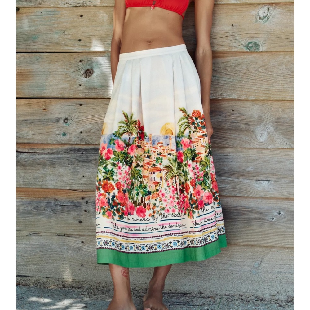 $70 NWT 2025  ZARA  HIGH-WAIST FLORAL LAYERED MIDI SKIRT A-LINE 3787/348 S,M,L